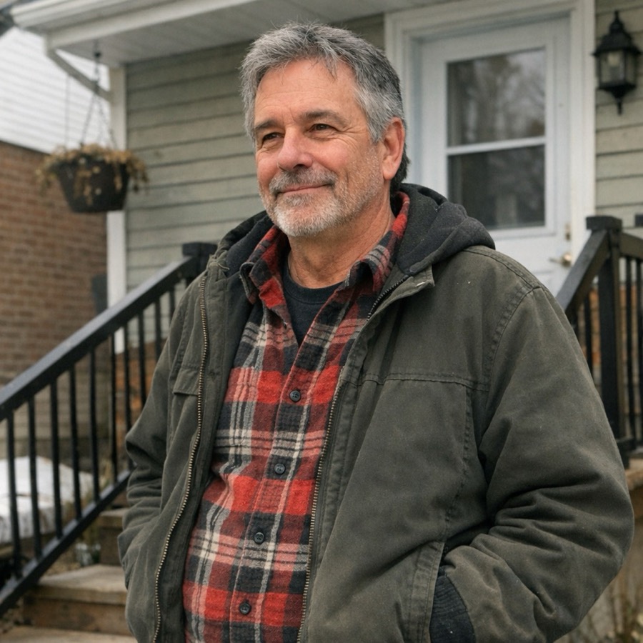 Propriétaire québécois devant sa maison